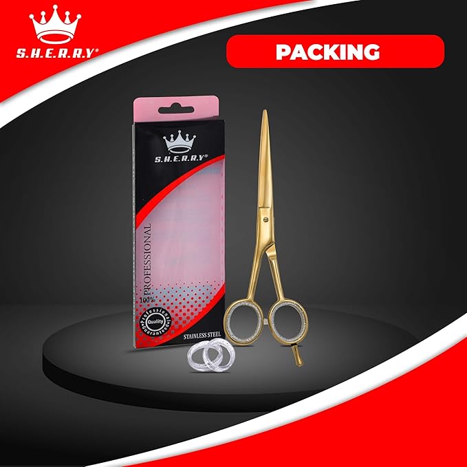 Professional Barber Shears 5.5” – High Carbon Stainless Steel Hair Cutting Scissors with Razor Sharp Edge for Salon & Home Use by S.H.E.R.R.Y (Gold, 5.5 inches)