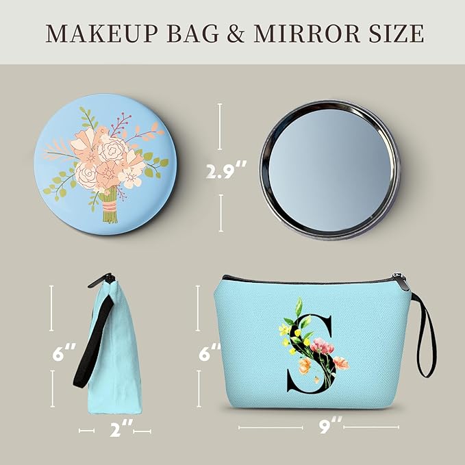 Women Birthday Unique Bride to be Bridal Shower Initial Gifts for Mom Sister Friend Her Teacher Aunt Makeup Cosmetic Bag with Mirror Mothers Day Christmas Graduation S