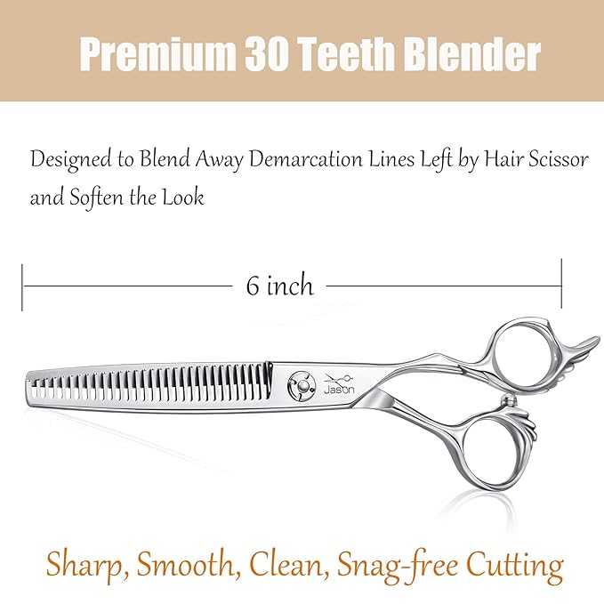 JASON 6" Blending Hair Scissors, 30 Teeth Hair Thinning Scissor Professional Trimming Hair Cutting Shears for Barber, Hairdresser, Stylist, Women and Men, Japanese 440C Stainless Steel Christmas Gift
