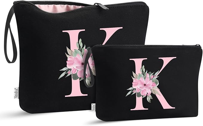 Vavabox A-Z Personalized Makeup Bag, Birthday Gifts for Women Mom, Gifts for Best Friend, Bride Bridesmaid Cosmetic bag (K, 04-Black Set)