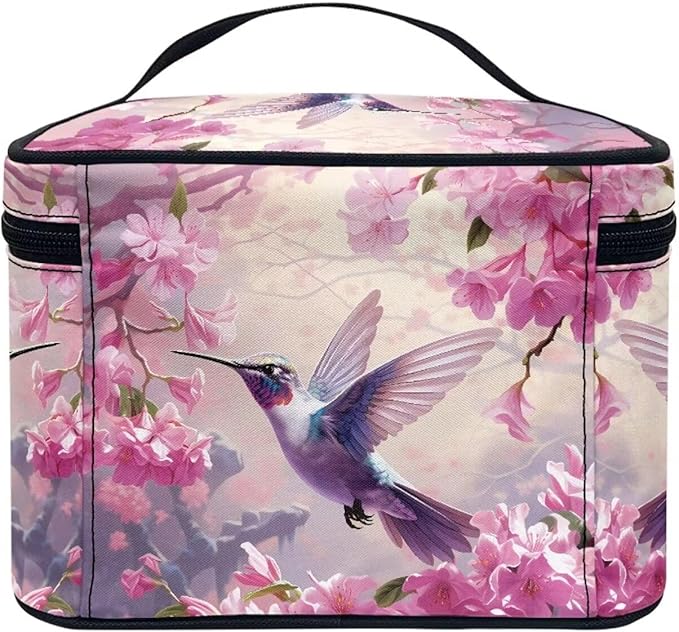 JoyLamoria Cosmetic Bag Toiletry Bag Zipper Closure Makeup Bag Travel Case, Cherry Blossoms Bird