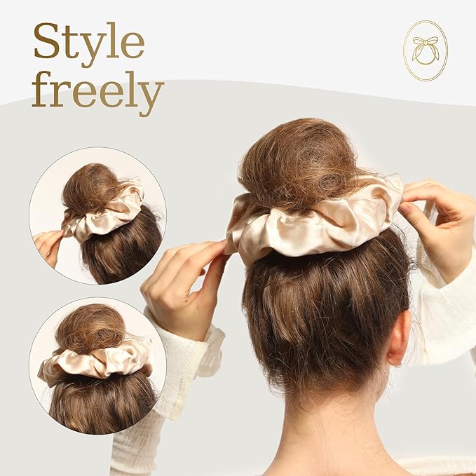 100% Mulberry Silk Scrunchies for Women Ponytail Holders – Plus Rhinestone-Embellished Design for Curly, No Damage Hair Ties for Curly, Thick, and Thin - Hair Accessories for Women (Champagne)