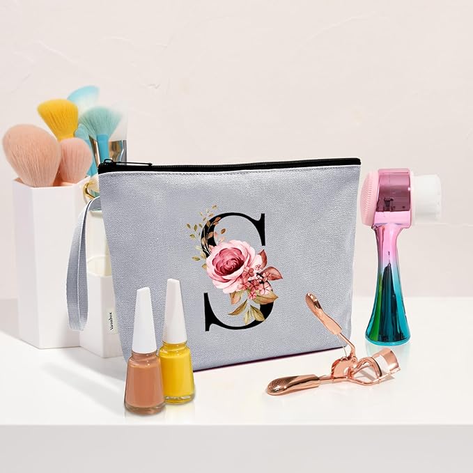 Vavabox A-Z Personalized Makeup Bag, Birthday Gifts for Women Mom, Gifts for Best Friend, Bride Bridesmaid Cosmetic bag (S, Grey)