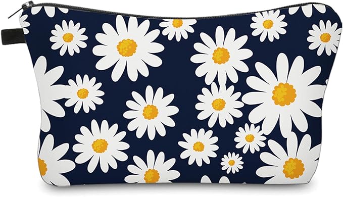 Cute Travel Makeup Bag Cosmetic Bag Small Pouch Gift for Women (Daisy Dark Blue)