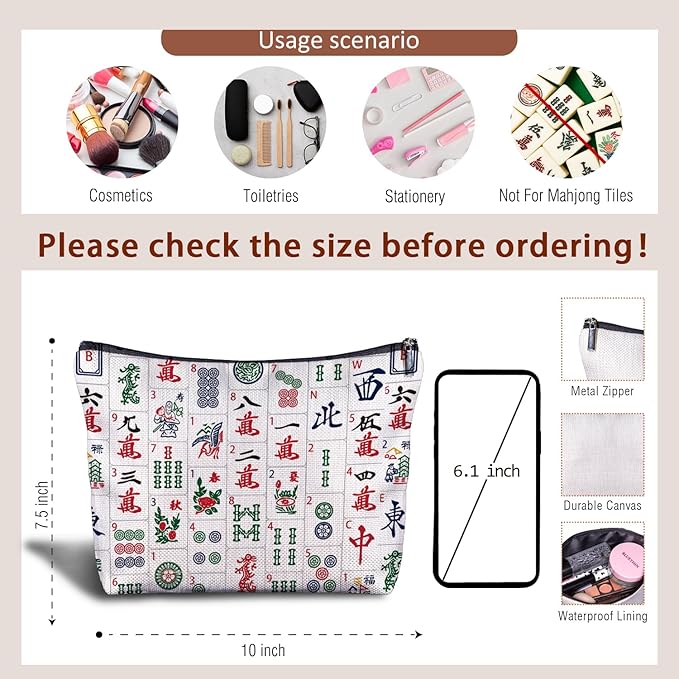 Chinoiserie Chinese Mahjong Tiles Makeup Bag, Mahjong Gifts Cosmetic Bags for Women, Gifts for Mah Jong Players Lovers Makeup Zipper Pouch