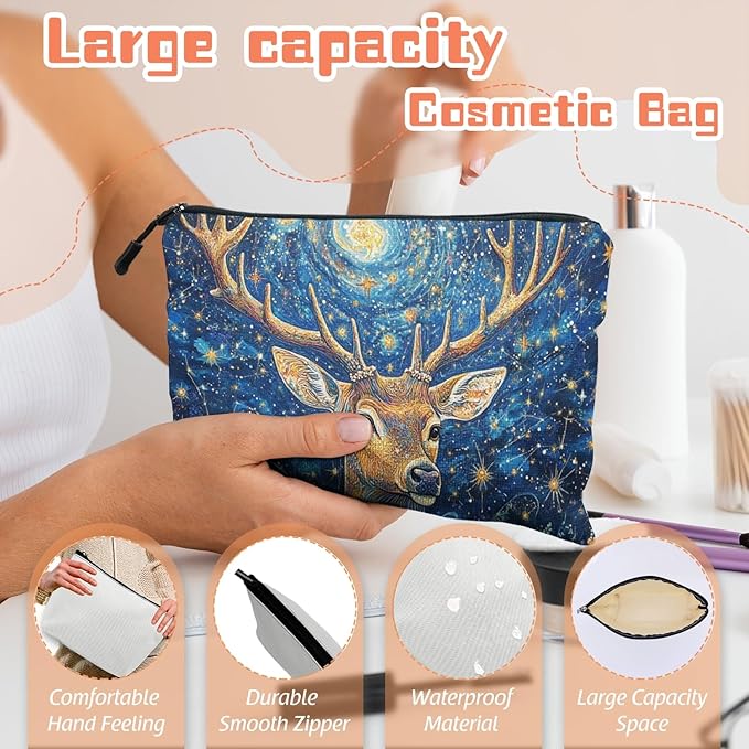 Cosmetic Bags Travel Makeup Toilet Case Waterproof Pouch for Women Girls 6.7X9.45inches - Deer With Large Antlers in A Starry - Floral Scene