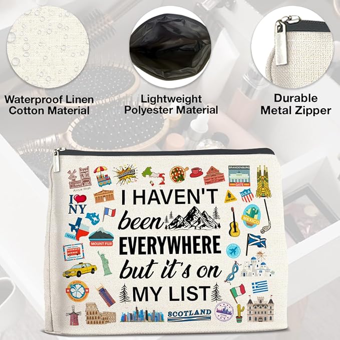 Travel Gifts Makeup Bag, Travelers Gifts for Women, Gifts for Women Who Like to Travel, Adventure I Haven't Been Everywhere But It's on My List Zipper Makeup Pouch