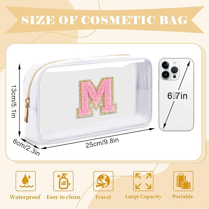 Personalized Initial Letter Clear Makeup Bag,Preppy Small Nylon&PVC Cosmetic Zipper Bag with Chenille Letter,Travel Skincare Toiletry Bag,Monogram Christmas Gift for Teen Girls Women,M
