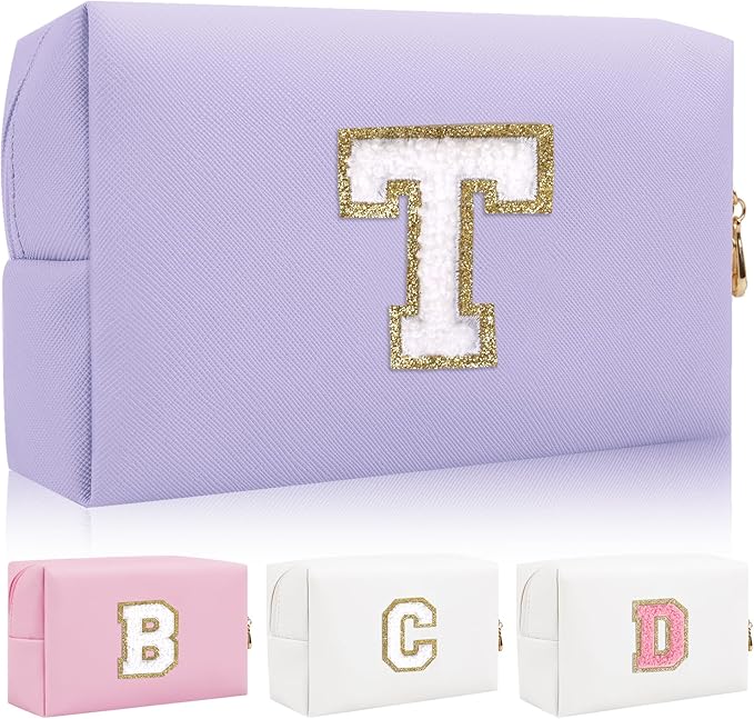 Iqimott Personalized Initial Letter Patch Makeup Bag, Preppy Small Chenille Letter Cosmetic Bag with Zipper, PU Leather Waterproof Travel Toiletry Bag Monogram Make Up Pouch for Women Girls(Letter T)