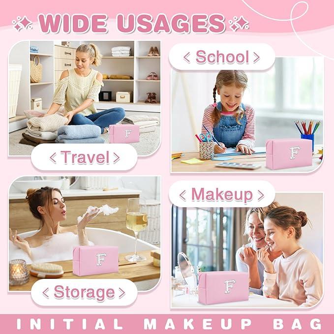 ChaoGreat Bride Gifts – Personalized Initial Makeup Bag with Pearl Rhinestone Patch, Preppy Pink Monogram Cosmetic/Toiletry Pouch, bridesmaid Gifts, Bridal Shower Gifts, Wedding Gifts, Bridal Gifts,F