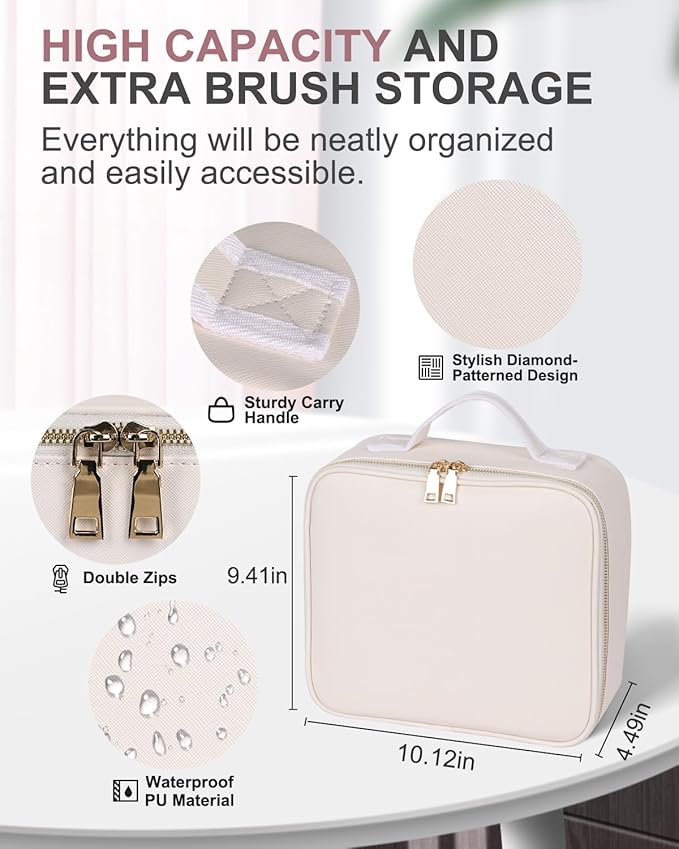 Makeup Bag with LED Mirror, Makeup Organizer Train Case with 1X,2X,3X Vanity Mirror, Adjustable Brightness in 3 Color Settings, Portable Make up Bag with Brush Holder & Storage Dividers, White