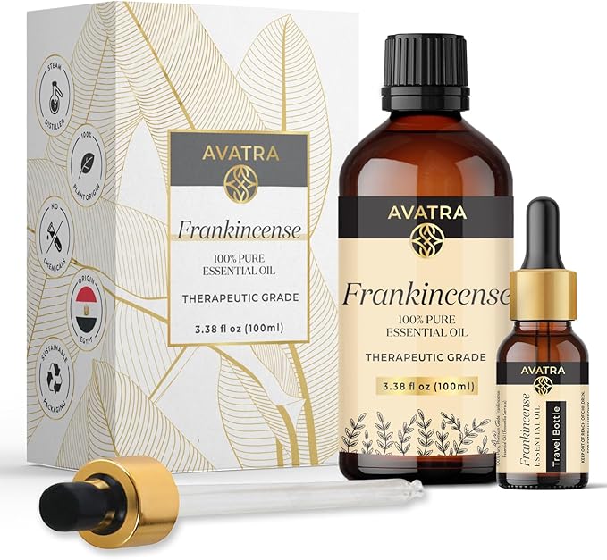 Avatra Frankincense Essential Oil 100ML (3.38 OZ) with Glass Dropper and Travel Bottle, Pure and Natural Therapeutic Grade Frankincense Oil for Diffuser, Aromatherapy, Massage, and DIY Candle Products