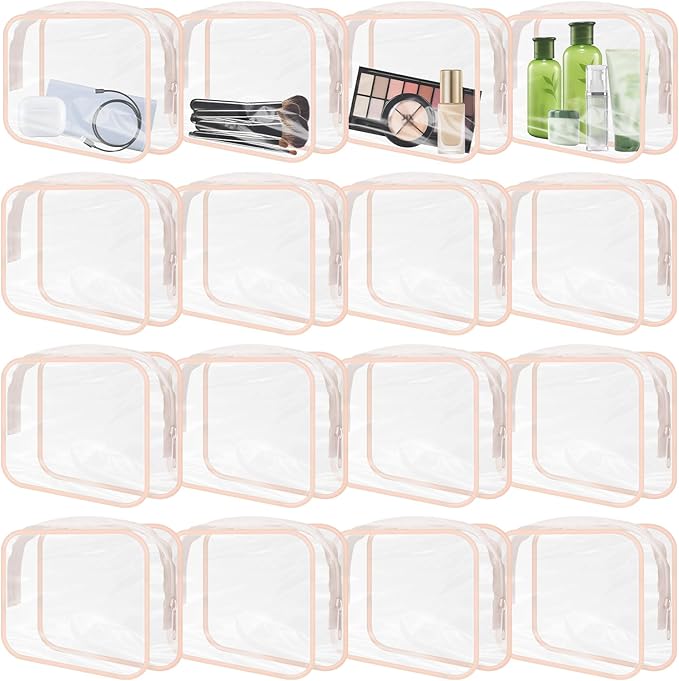 16 Pieces Clear Makeup Bags Bulk, TSA Approved Toiletry Bags Travel Pouch, Waterproof PVC Plastic Small Clear Cosmetic Bags with Zipper for Organizing (Light Pink Border)