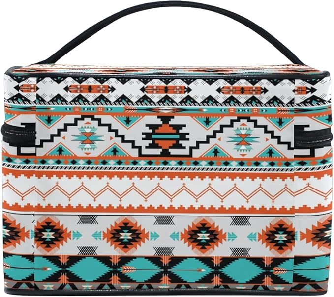 AUUXVA Travel Cosmetic Bag Ethnic Geometric Chevron Aztec Makeup Bag Large Organizer Portable Toiletry Bag Storage Train Case Zipper Brush Bag for Women and Girls