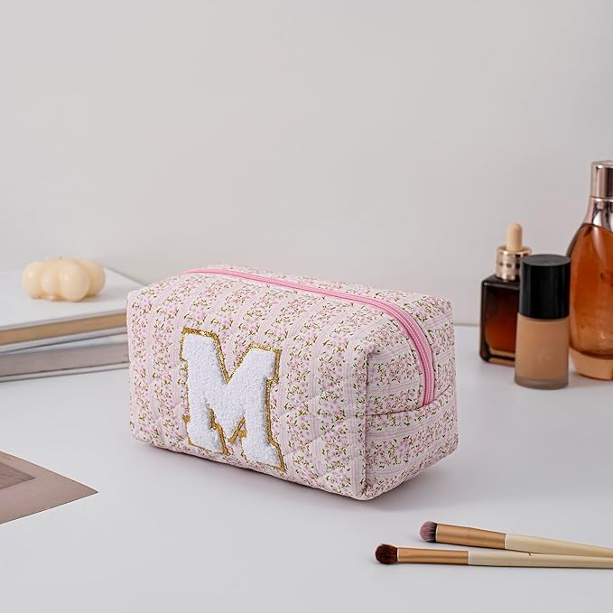 JOVAKIT Makeup Bag Cosmetic Bags for Women, Christmas Gifts for Girls Age 6-18, Alphabet Pink Floral Coquette Zipper Travel Makeup Pouch, Organizer Case Trendy Stuff (Pink+ Blue M)