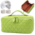 Makeup Bag, Travel Toiletry Bag for Women, Large Capacity Waterproof Rhombus Stitching PU Leather Cosmetic Bags Make Up Organizer Bags with Headband and Wristband Set (Green)