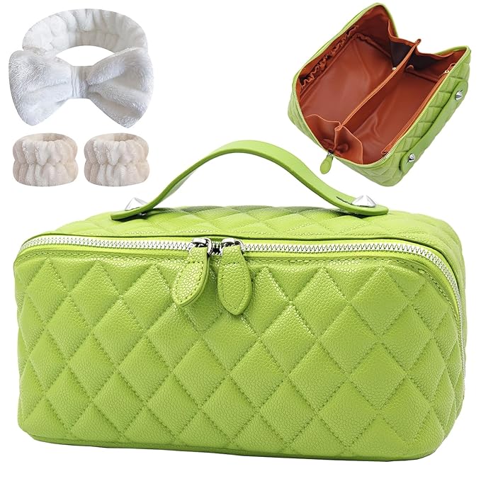 Makeup Bag, Travel Toiletry Bag for Women, Large Capacity Waterproof Rhombus Stitching PU Leather Cosmetic Bags Make Up Organizer Bags with Headband and Wristband Set (Green)