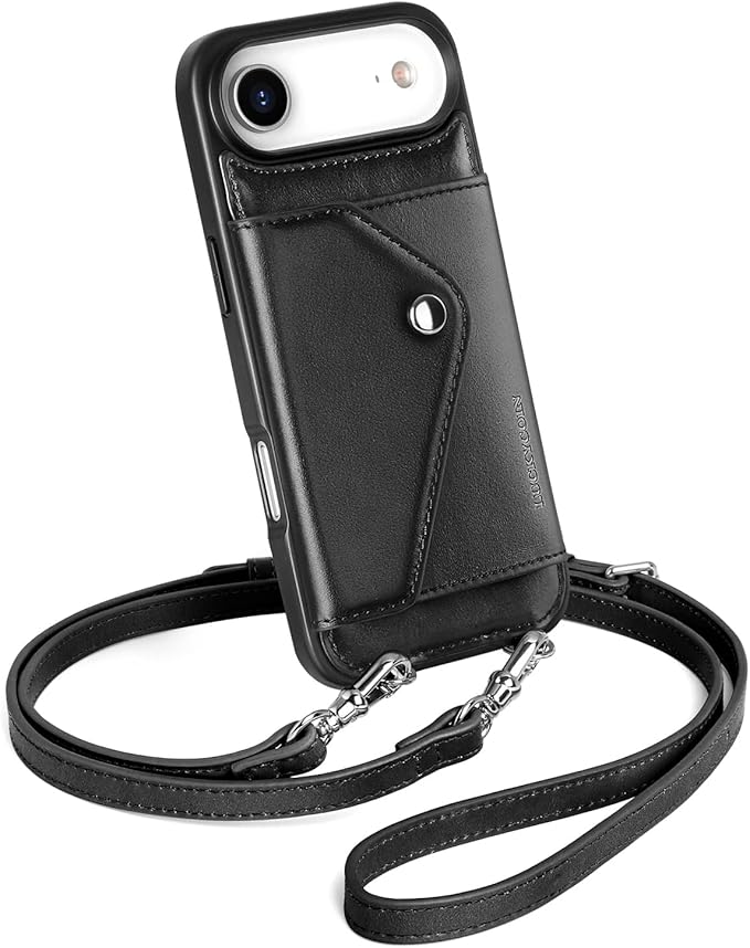 LUCKYCOIN Crossbody Wallet Phone Case for iPhone Air,100% Genuine Leather Wallet Phone Case with Expandable Flip Card Holder,Phone Purse for Women with Adjustable Removable Strap - Black