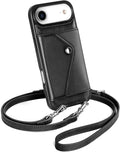 LUCKYCOIN Crossbody Wallet Phone Case for iPhone Air,100% Genuine Leather Wallet Phone Case with Expandable Flip Card Holder,Phone Purse for Women with Adjustable Removable Strap - Black