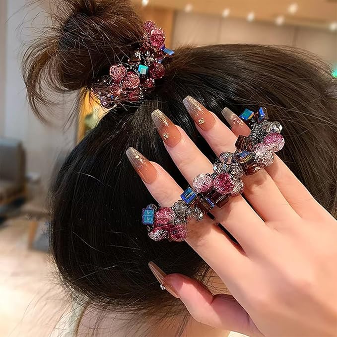 Crystal Beaded Hair ties Scrunchies, Pink and Blue Glass Beads, Black Elastic Band, 2 Pack hair accessories for women。
