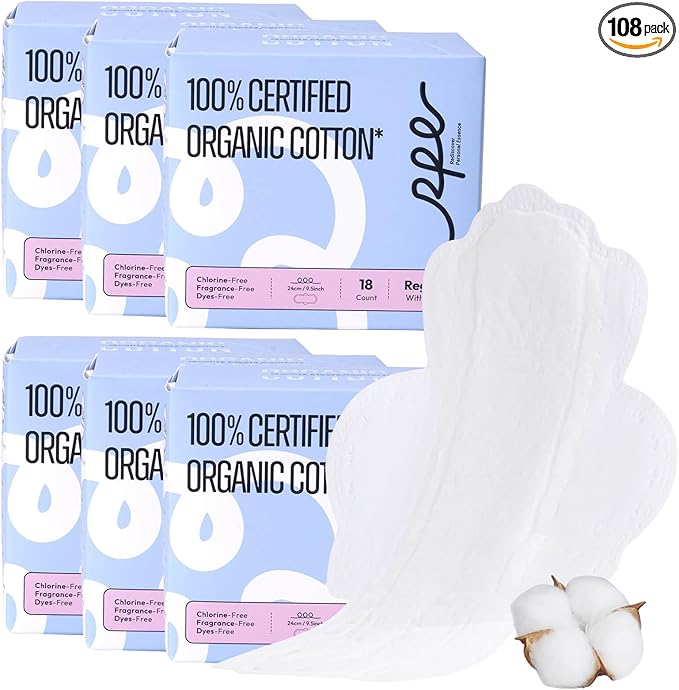 100% Organic Cotton Pads for Women, Ultra Thin Feminine Pads with Wings, Regular Absorbency Sanitary Napkins, Organic Unscented Period Menstrual Pad (Regular, Size 3, 108 Count)