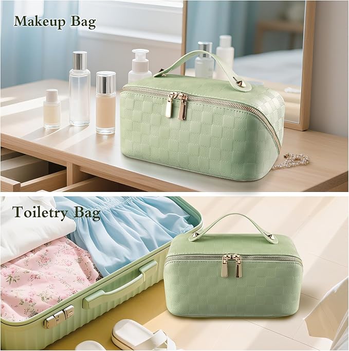 Abiudeng Travel Makeup Bag,Large Capacity Cosmetic Bags Toiletry Bag for Travel Essentials,Waterproof Portable Pouch Open Flat Makeup bag Organizer with Divider and Handle(Checkered-Green)