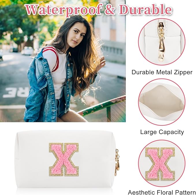 Iqimott Personalized Initial Letter Patch Makeup Bag, Preppy Portable Chenille Cosmetic Bag with Zipper, PU Leather Waterproof Travel Toiletry Bag Monogram Make Up Pouch for Women Girls(Letter X)