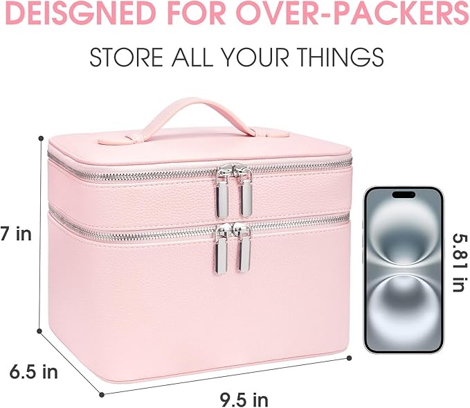 Makeup Case, Large Capacity Waterproof Double Layer Cosmetic Bag with Removable Divider, Double Compartment Brush Organizer, Multi-functional Travel Organizer