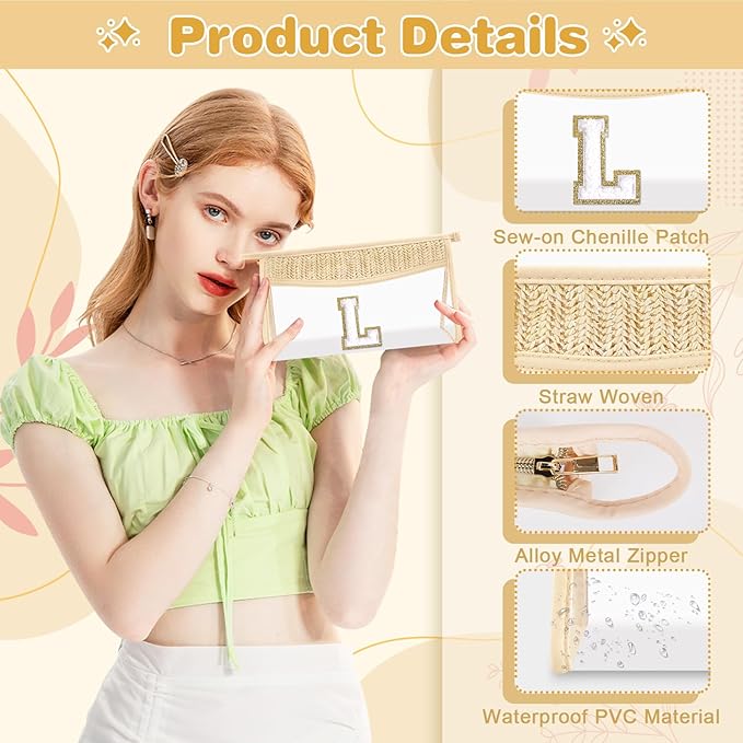 Personalized Initial Letter Bag Boho Straw Clear Makeup Bag,Small Cute Chenille Varsity Letter Bag With Zipper,Beach Travel Toiletry Bag,Portable Monogrammed Cosmetic Bag for Women Girls,L