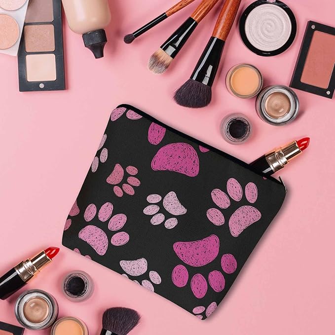 Women Cosmetic Bag Dog Paw, Pet Cat Paws Dog Prints Footprint Cute Makeup Bag For Purse Cosmetic Travel Bag For Toiletries Makeup Storage Bag Flax Skincare Bag Make Up Pouch Bags, Pink Black