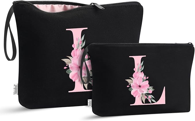 Vavabox A-Z Personalized Makeup Bag, Birthday Gifts for Women Mom, Gifts for Best Friend, Bride Bridesmaid Cosmetic bag (L, 04-Black Set)