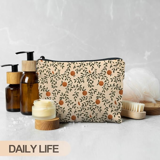 Vintage Citrus Orange Makeup Bag, Boho Botanical Cosmetic Bags for Women, Fruit Makeup Bag, Fruit Lover Gifts, Orange Gifts for Women Cosmetic Bag Toiletry Bag