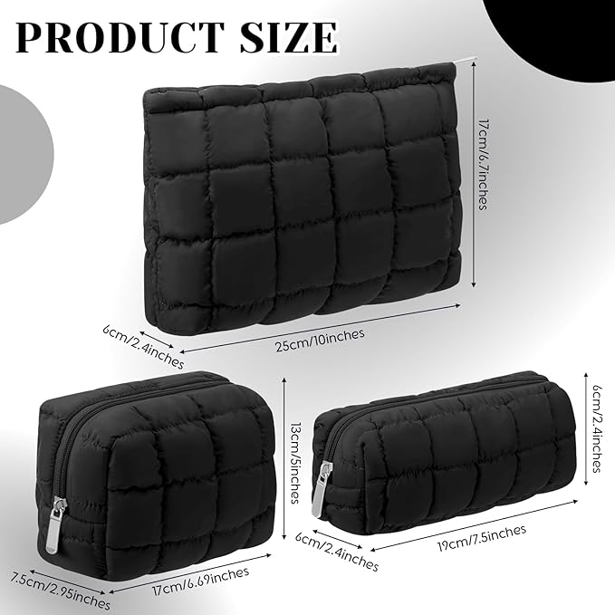3 Pcs Puffy Makeup Bag Quilted Cosmetic Pouch for Women Cute Checkered Travel Toiletry Bag Puffer Makeup Organizer Purse Pouch Preppy Pencil Case with Zipper
