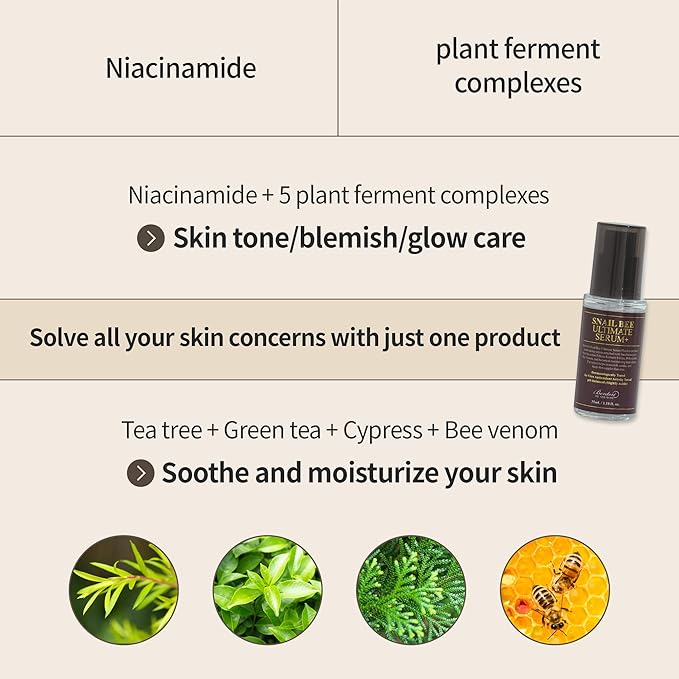 BENTON Snail Bee Ultimate Serum Plus 35ml (1.18 fl.oz.) - Snail Secretion Filtrate, Bee Venom, Tea Tree Leaf Water Contained Skin Nourishing & Soothing Facial Serum for Sensitive, Dry Skin