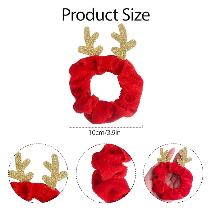 Christmas Hair Scrunchies, 6Pcs Reindeer Antler Hair Ties Velvet Scrunchies Elastic Christmas Ponytail Holder Red Green Brown Hair Ties for Women Girls Xmas Accessories