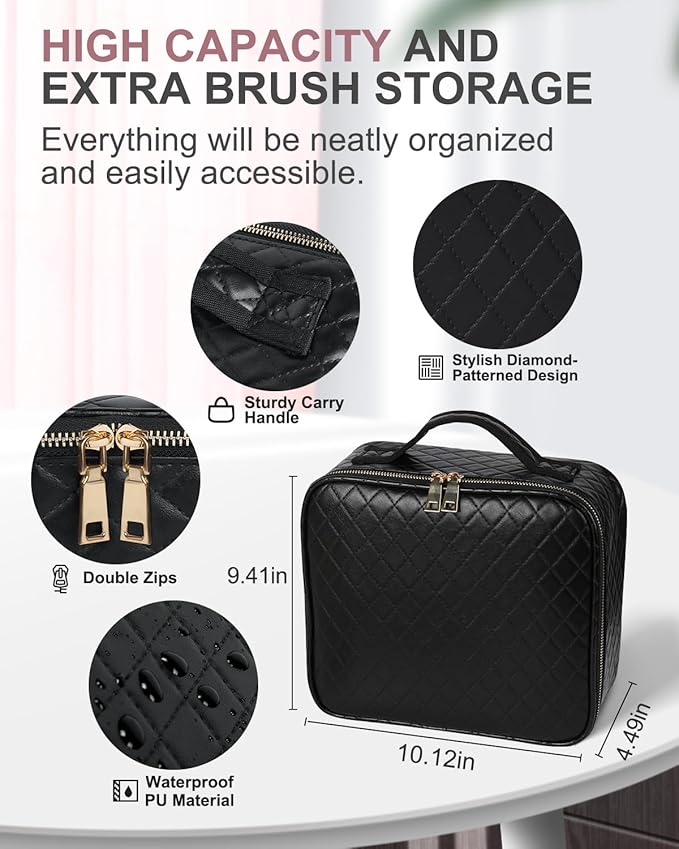 Makeup Bag with LED Lighted Mirror| Portable Makeup Organizer Train Case with 2X/3X Magnification & 3 Color Lights for Precision, Adjustable Brightness| Elegant Gift Packaging, Gift for Women, Black