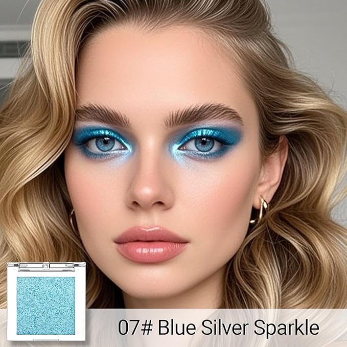 Erinde Glitter Shimmer Sparkle Eyeshadow Palette, Blue Glitter Sparkle Eye Shadow Makeup, Single Monochrome Long-Lasting Eye Makeup, Smooth Formula, Vegan & Cruelty-Free, C07 Blue Silver Sparkle