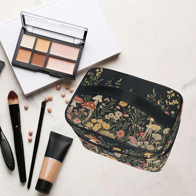 MNSRUU Makeup Bags, Vintage Wildflower Mushrooms Makeup Organizer Bags Toiletry Bag Box Travel Cosmetic Bag Make Up Train Case for Women Teen Girl Ladies