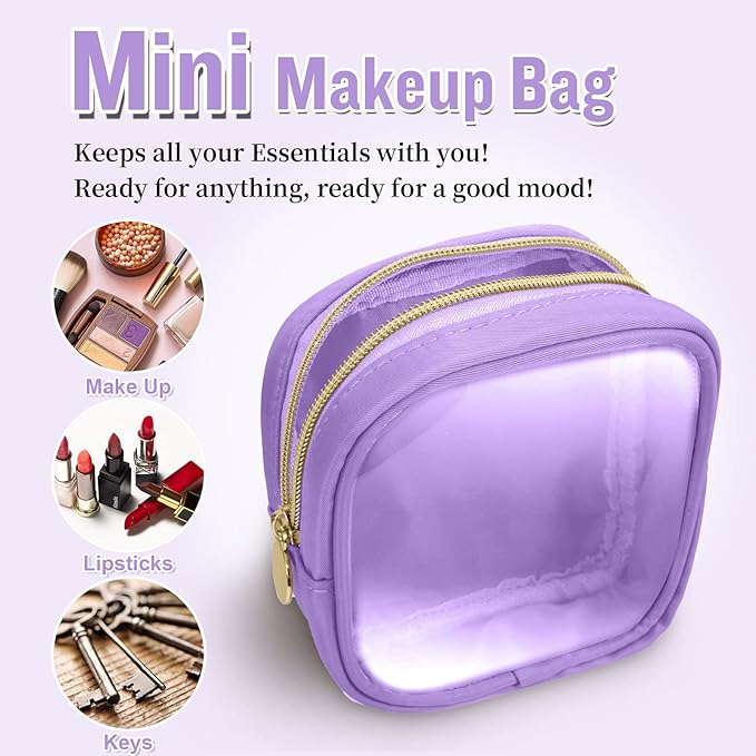 Mini Clear Travel Makeup Organizer Bag for Purse, Small Cute Makeup Bag Preppy Cosmetic Zipper Pouch Purse, Transparent PVC & Nylon Travel Coin Pouch Sanitary Napkin Storage Bag for Women Girl(Purple)