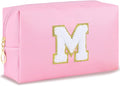Gifts for Girls Initial Makeup Bag Personalized Cosmetic Bag with Zipper Cute Travel Toiletry Bag Waterproof PU Preppy Makeup Pouch Birthday Gift for Teen Girls Women(Pink M)