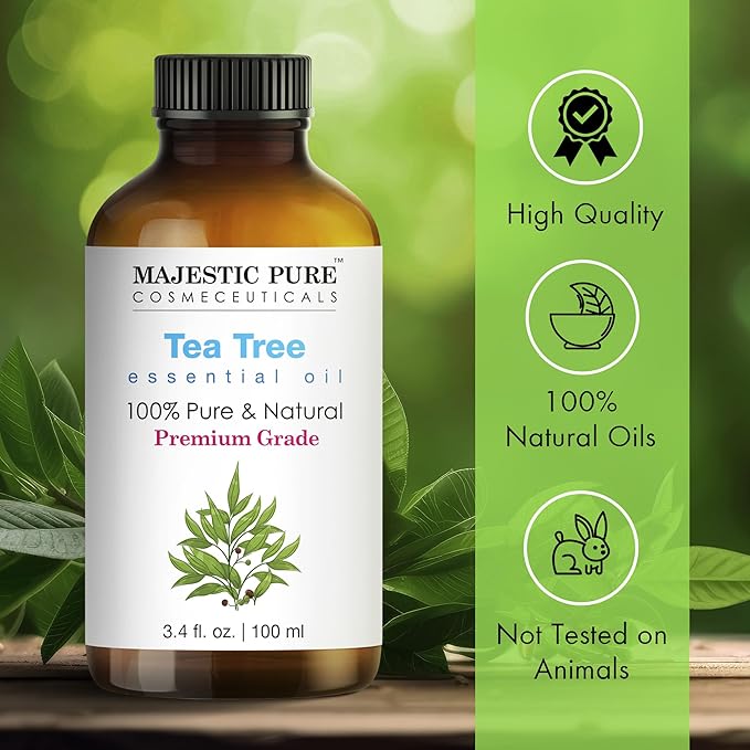 Majestic Pure Tea Tree Essential Oil with Glass Dropper - 3.4 Fl Oz - 100% Pure and Natural Tea Tree Oil - Premium Grade Essential Oils for Diffuser, Aromatherapy, Soap and Candle Making