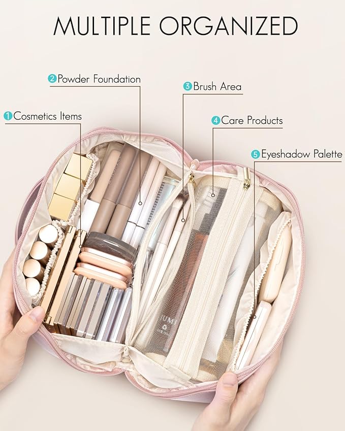 Vlando Makeup Bag,Large Capacity Toiletry Bag for Women Waterproof Portable Make up Pouch PU Leather Open Flat Cosmetic Bag(Peach Pink)