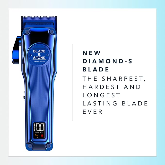 Blade & Stone™ Professional Barber Hair Clippers for Men PC801 Clipper | Diamond-S™ Blade | Micro-Gap Tech | Professional 7200 RPM Digital Motor, All-Metal, Cordless Clippers - Big Blue