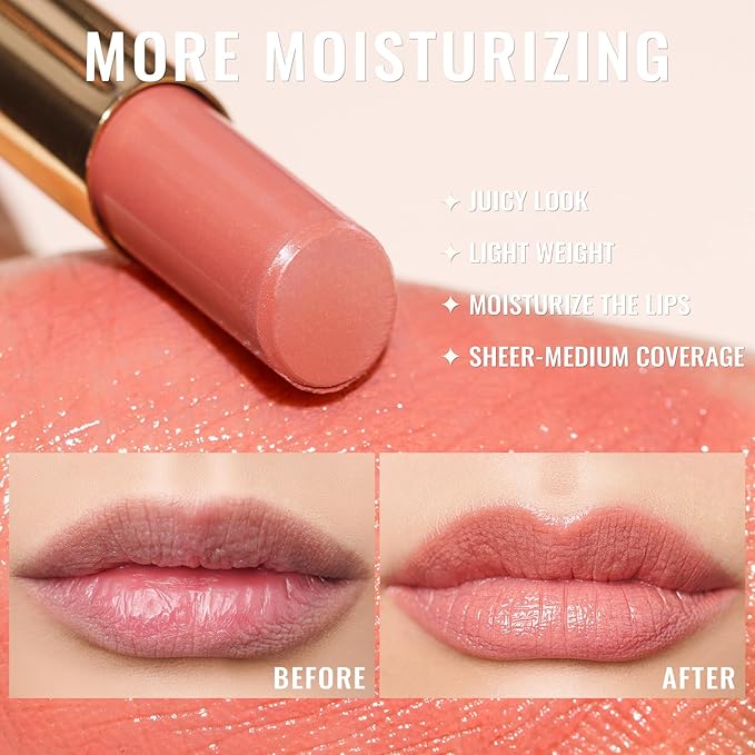 Oulac Moisturizing Shine Pink Peach Lipstick for Women - 2 in 1 Pink Peach Glossy Tinted Lip Balm, Hydrating Winter Lipstick for Dry Lips,Shine Juicy Finish Vegan 2.2g/0.07oz (G13)