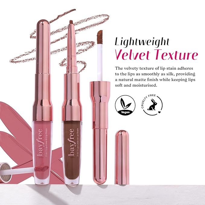 bayfree 2 PCS Lip Liner and Lip Stain Combo Set, High Pigmented Long Lasting Velvet Lip Tint, Well-Defined Lipliner, Weightless Waterproof Not Animal Tested, Matte Finish Makeup