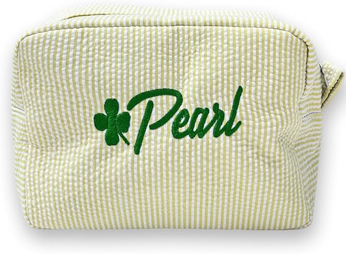 Custom Makeup Bag Personalized Cosmetic Bag Cute Seersucker Travel Toiletry Bag for Women Embroidered Bag Organizer for Bride Makeup Bag Gift Yellow