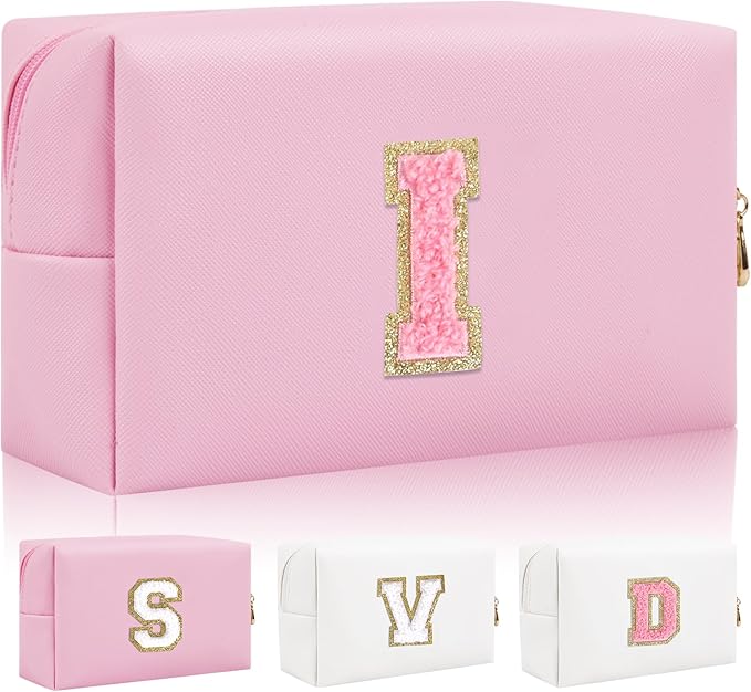Personalized Initial Letter Patch Makeup Bag, Preppy Small Chenille Cosmetic Bag with Zipper, PU Leather Waterproof Travel Toiletry Bag Monogram Make Up Pouch for Women Girls
