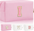 Personalized Initial Letter Patch Makeup Bag, Preppy Small Chenille Cosmetic Bag with Zipper, PU Leather Waterproof Travel Toiletry Bag Monogram Make Up Pouch for Women Girls
