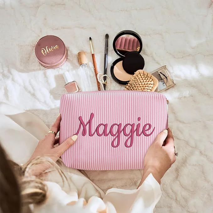 Personalized Seersucker Makeup Bag with Embroidered Name&Birth Flower,Custom Small Travel Cosmetic Bag Toiletry Bag Wedding Gifts for Bridesmaid Bride (Makeup Bag with Name)