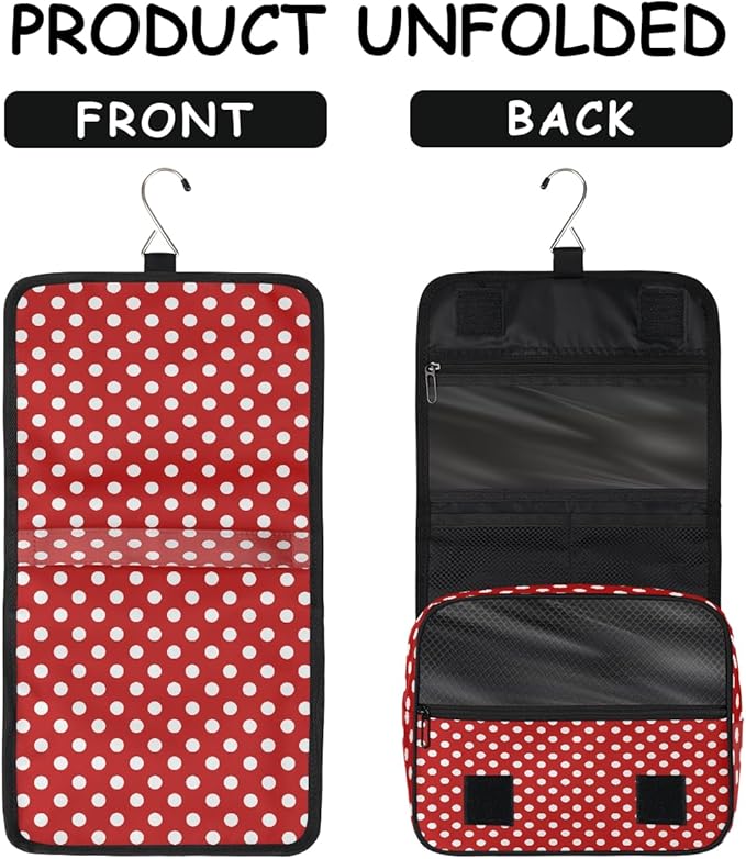 Travel Toiletry Bag for Women & Men Red White Polka Dot Hanging Cosmetic Organizer Portable Waterproof Makeup Case Make Up Bag with Compartments Travel Essentials for Bathroom Shower